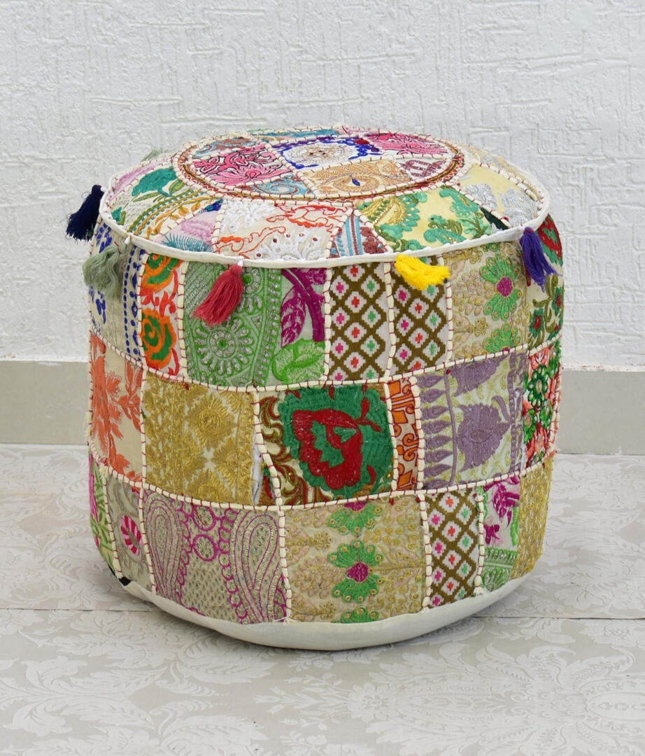 Cotton Gwen Pouffe/Ottoman Khambadiya Patchwork - White - Image 3